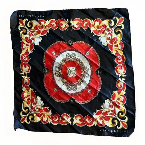 Vecceli Italy Satin Scarf 21.25” x 22” Baroque Red Black Gold Square Elegant - Picture 2 of 3